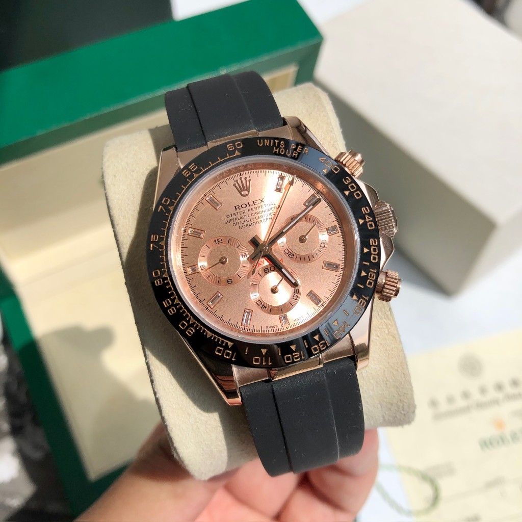 Rolex Daytona Chronograph Luxury Watch, 40mm 18K Rose Gold Case, Caliber 4130 Movement, Black Rubber Strap