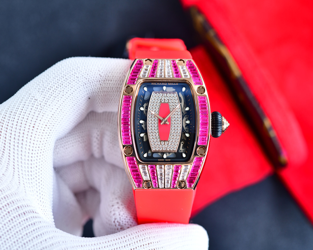 Richard Mille Luxury Women's Watch, 38mm 18K Rose Gold Case with Diamond & Pink Sapphire Setting, Automatic Movement, Red Rubber Strap