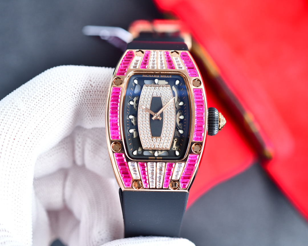 Richard Mille Luxury Women's Watch, 38mm 18K Rose Gold Case with Diamond & Pink Sapphire Setting, Automatic Movement, Black Rubber Strap