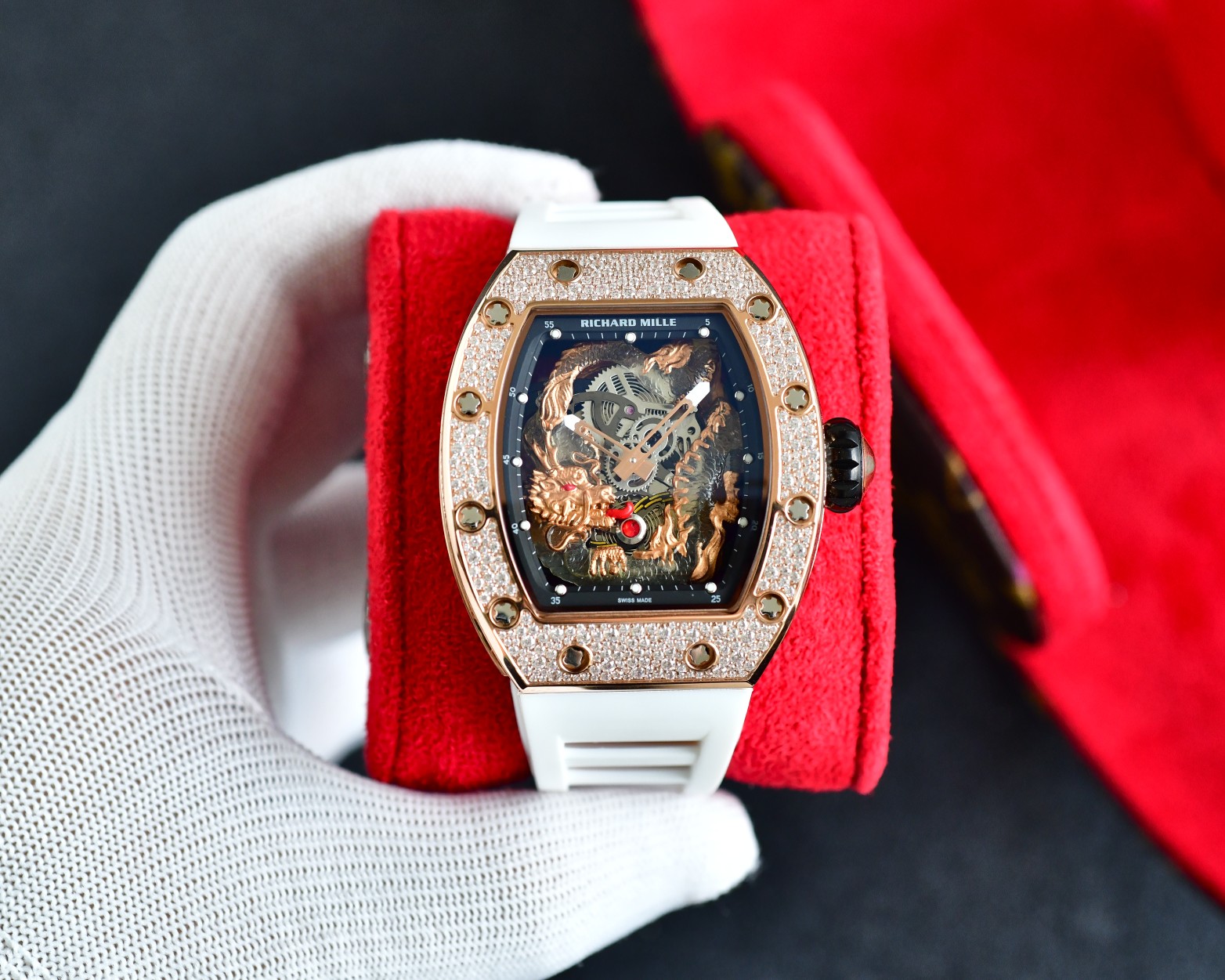Richard Mille Luxury Watch, 42mm 18K Rose Gold Case with Diamond Setting, Automatic Movement, White Rubber Strap (Skeleton Dial with Dragon Engraving)