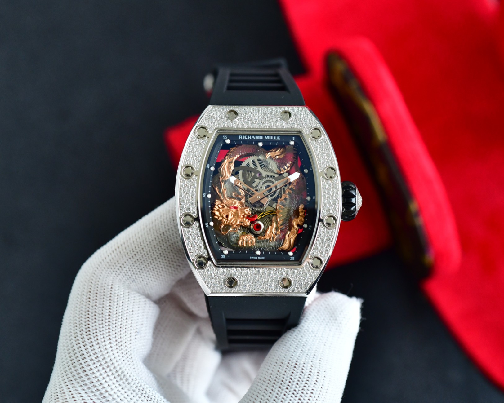 Richard Mille Luxury Watch, 42mm Titanium Case with Diamond Setting, Automatic Movement, Black Rubber Strap (Skeleton Dial with Dragon Engraving)