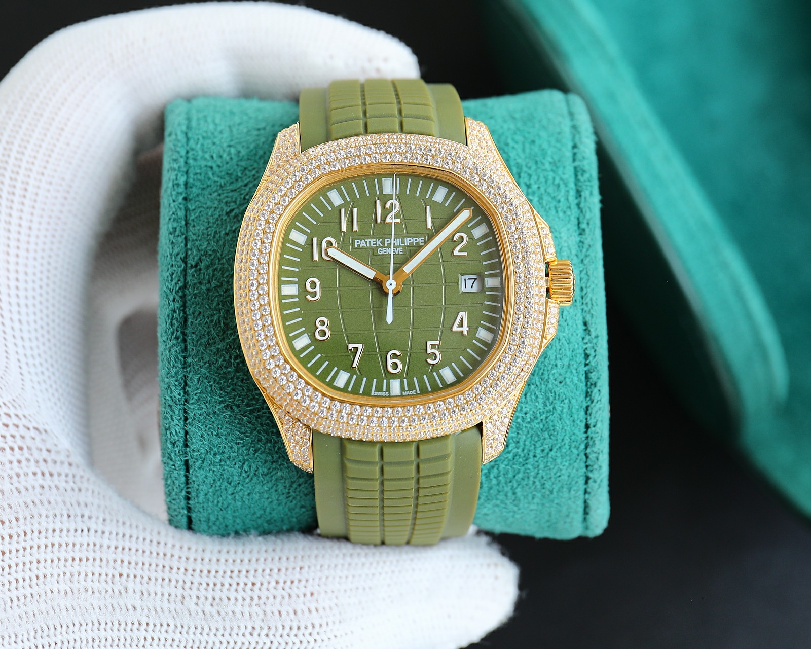 Patek Philippe Nautilus - Style Luxury Watch, 40mm 18K Yellow Gold Case with Full Diamond Setting, Automatic Movement, Olive Green Rubber Strap