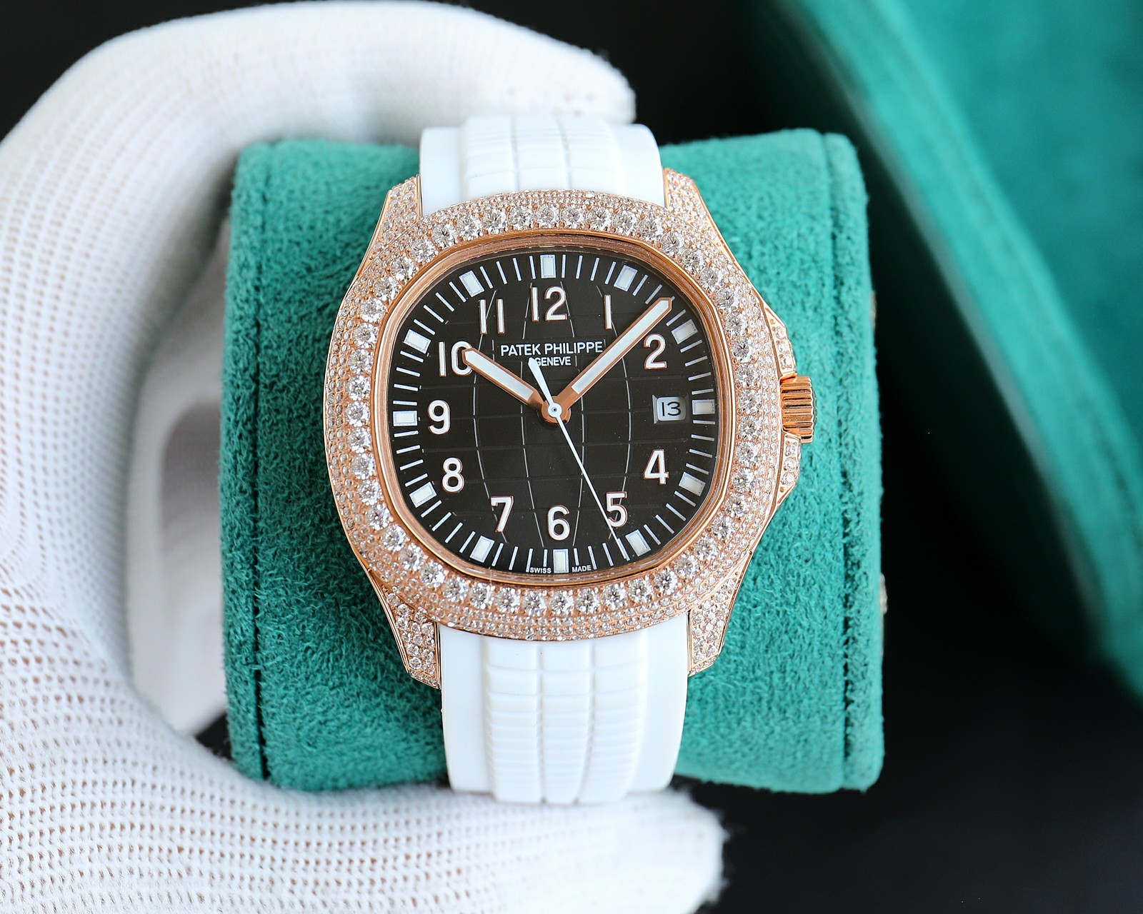 Patek Philippe Nautilus - Style Luxury Watch, 40mm 18K Rose Gold Case with Full Diamond Setting, Automatic Movement, White Rubber Strap