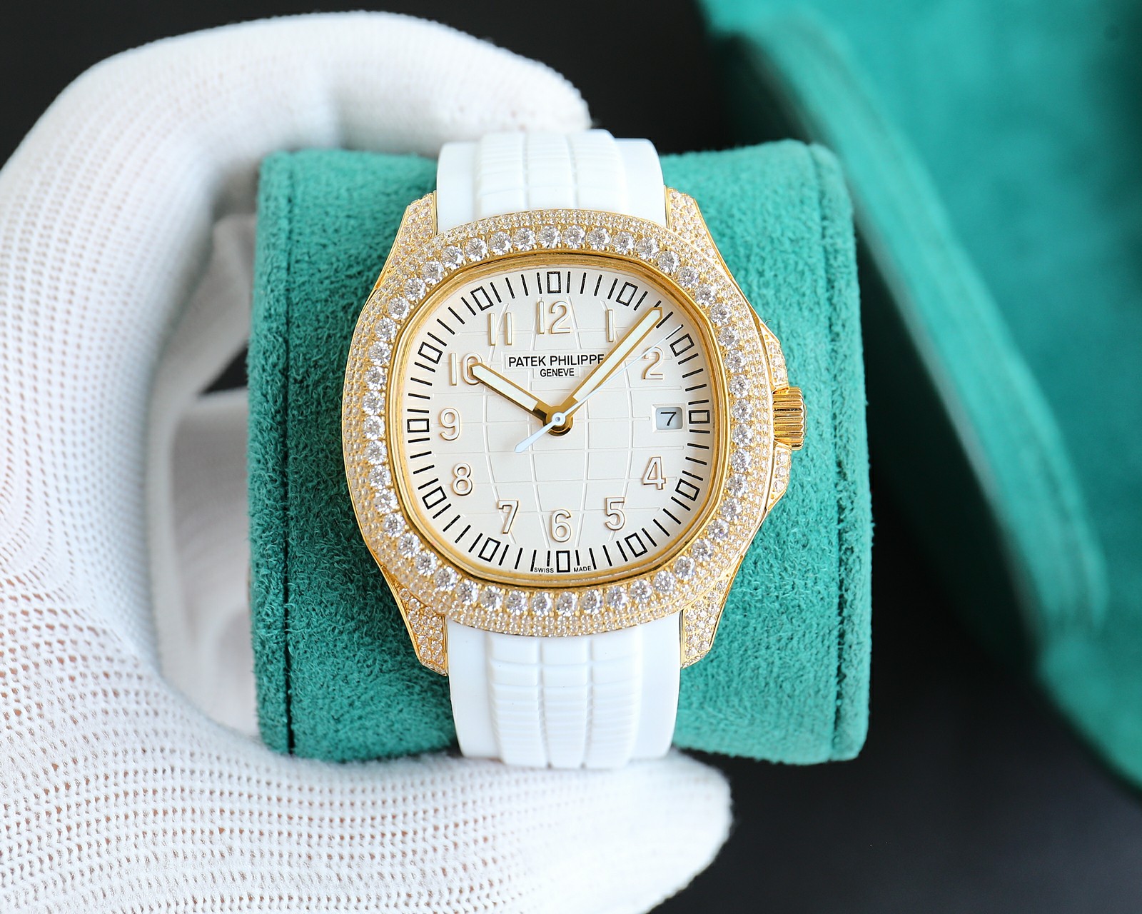 Patek Philippe Nautilus - Style Luxury Watch, 40mm 18K Yellow Gold Case with Diamond Setting, Automatic Movement, White Rubber Strap