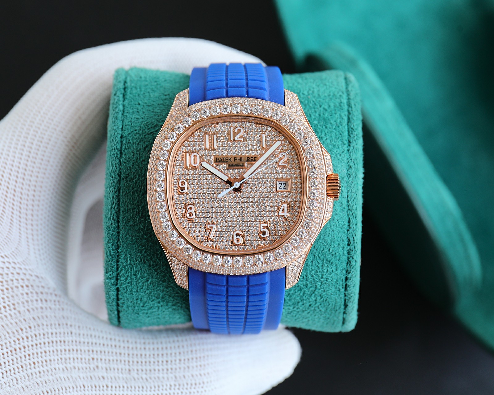 Patek Philippe Nautilus - Style Luxury Watch, 40mm 18K Rose Gold Case with Full Diamond Setting, Automatic Movement, Blue Rubber Strap
