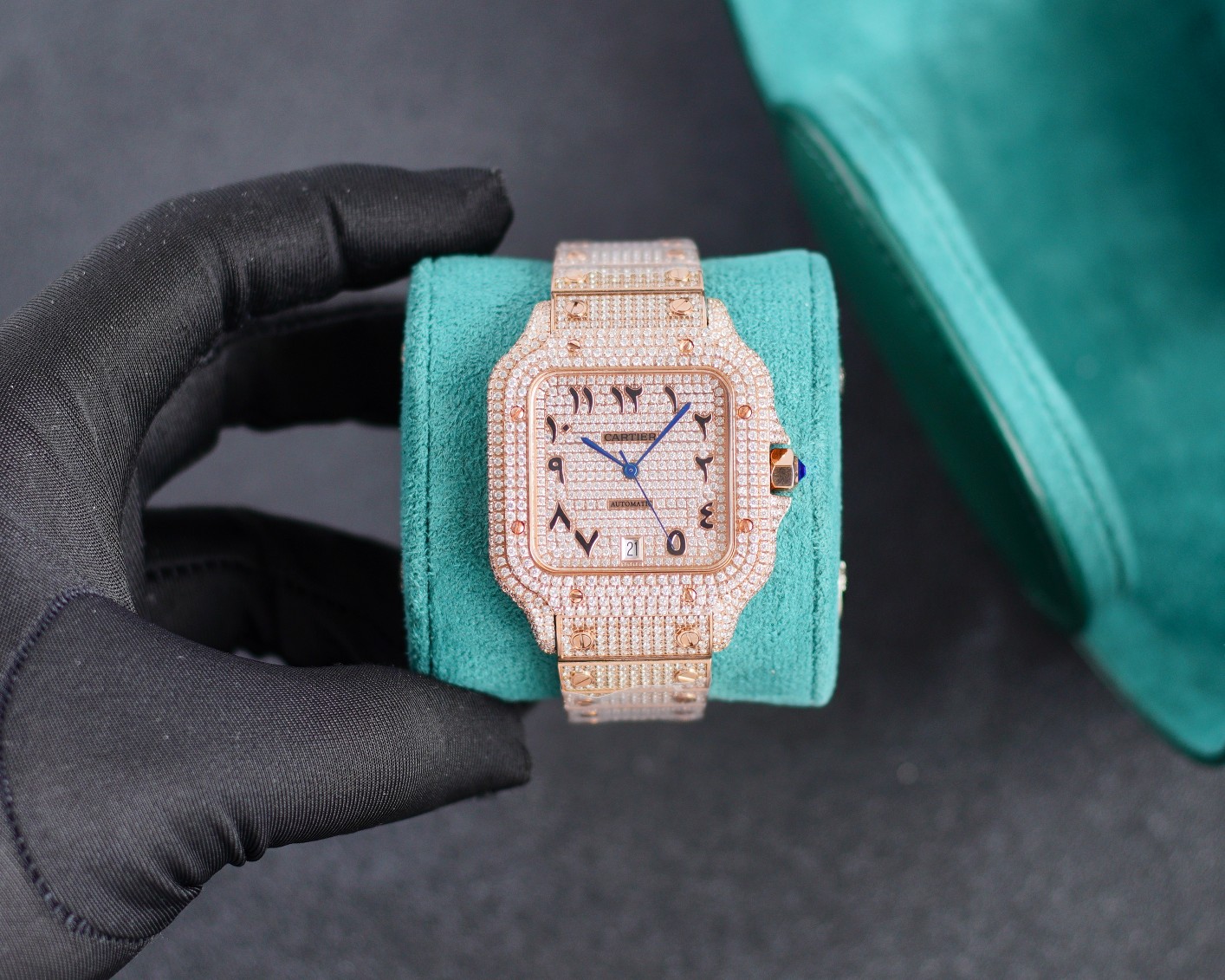 Cartier Santos - de - Cartier Luxury Watch, 39.8mm 18K Rose Gold Case with Full Diamond Setting, Automatic Movement, 18K Rose Gold Diamond - Set Bracelet (Special Numeral Dial)