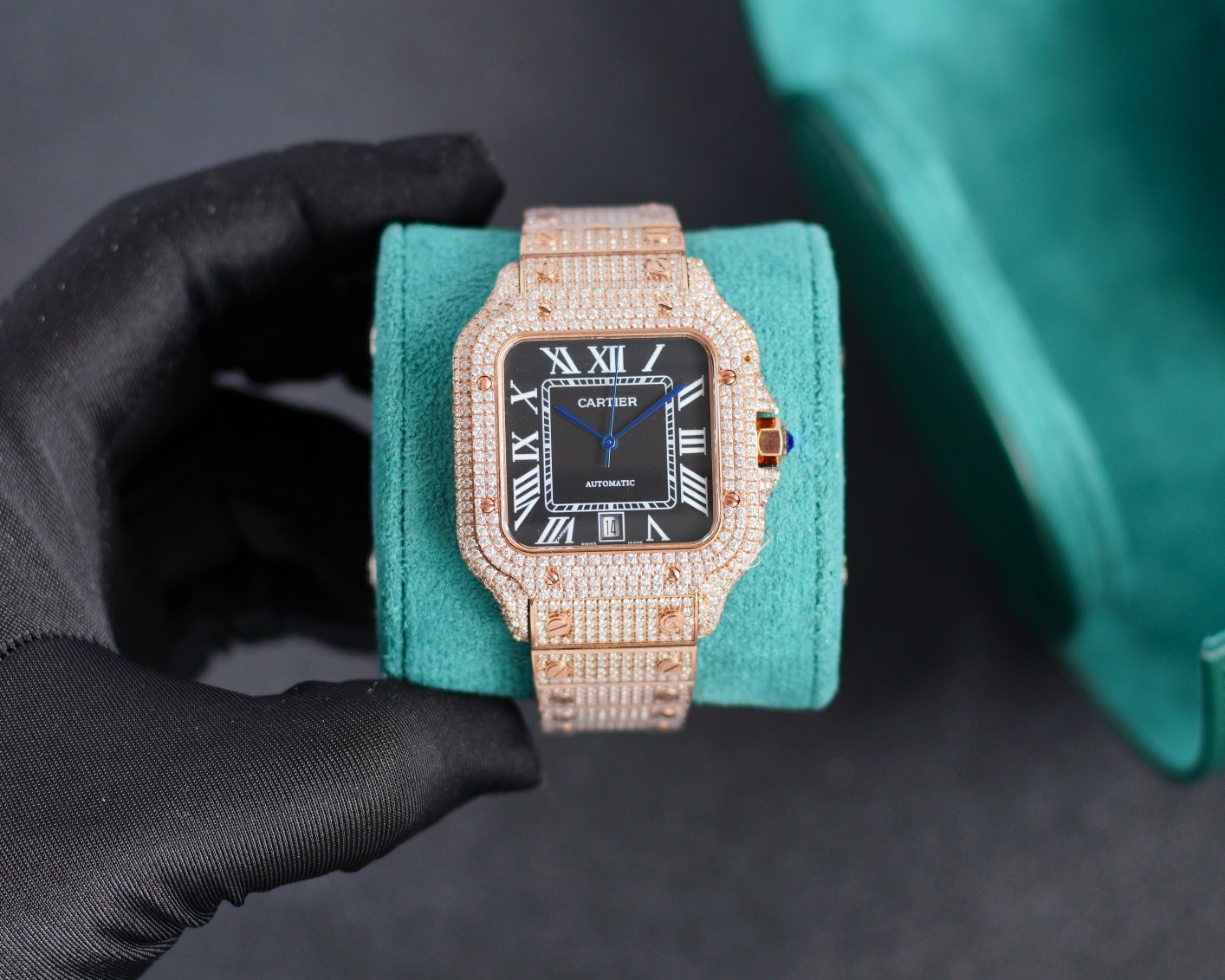 Cartier Santos - de - Cartier Luxury Watch, 39.8mm 18K Rose Gold Case with Full Diamond Setting, Automatic Movement, 18K Rose Gold Diamond - Set Bracelet (Black Roman Numeral Dial)