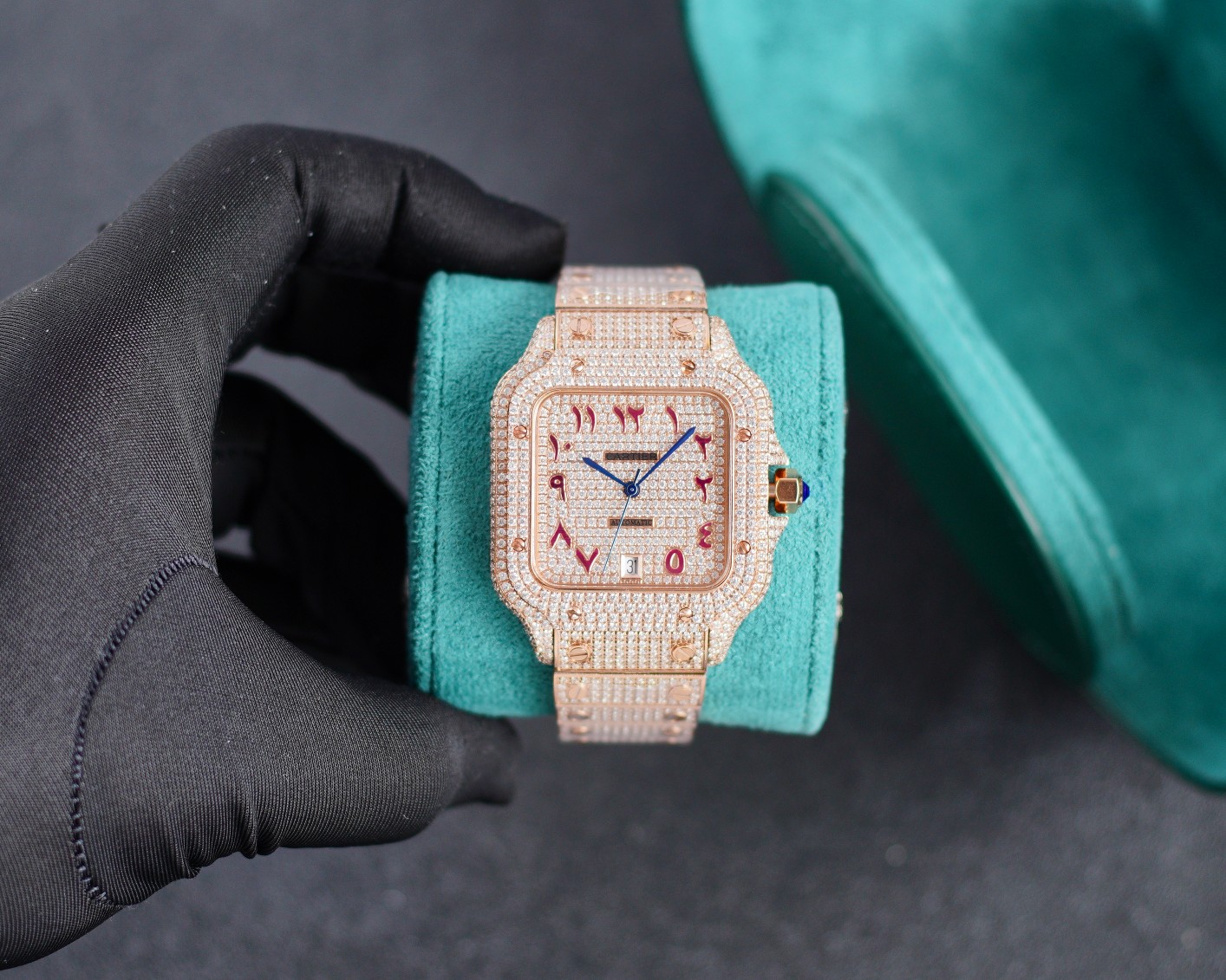 Cartier Santos - de - Cartier Luxury Watch, 39.8mm 18K Rose Gold Case with Full Diamond Setting, Automatic Movement, 18K Rose Gold Diamond - Set Bracelet (Red Arabic Numeral Dial)