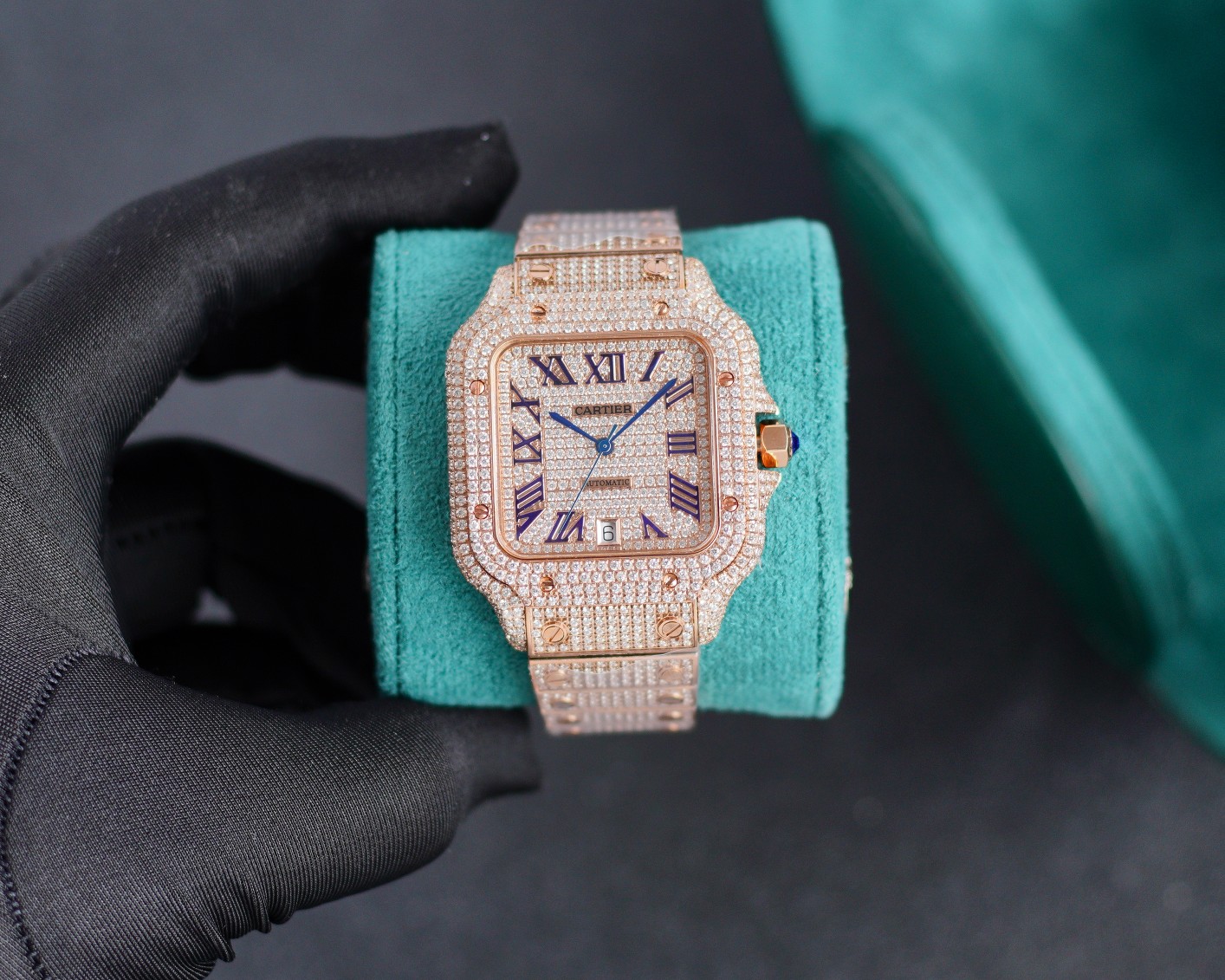 Cartier Santos - de - Cartier Luxury Watch, 39.8mm 18K Rose Gold Case with Full Diamond Setting, Automatic Movement, 18K Rose Gold Diamond - Set Bracelet (Blue Roman Numeral Dial)