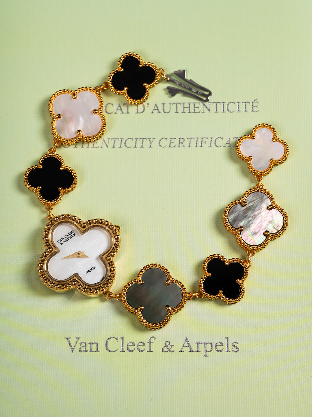 Van Cleef & Arpels Alhambra Luxury Bracelet Watch, ~30mm 18K Gold/Onyx/Mother - of - Pearl Case, Quartz Movement