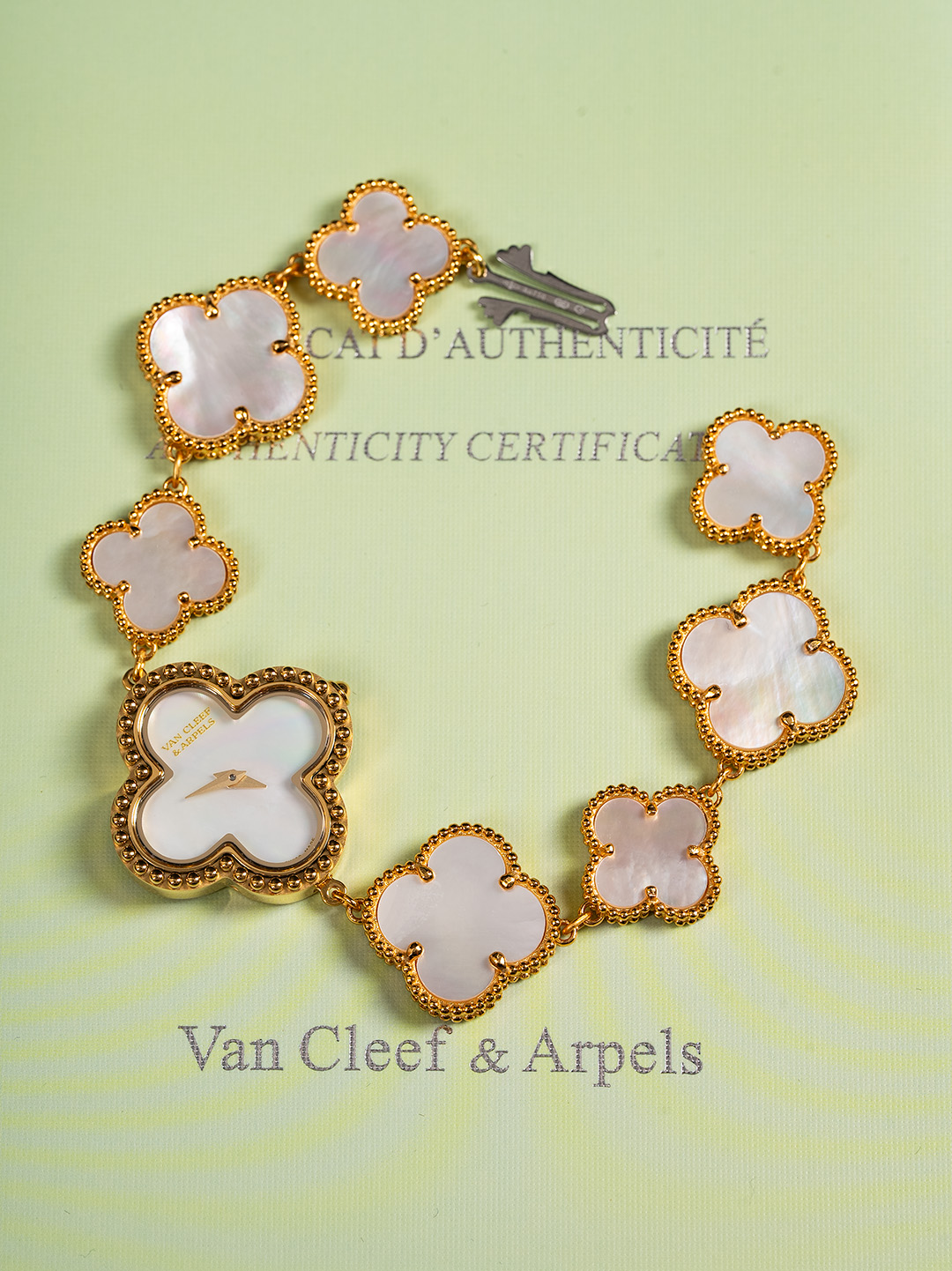 Van Cleef & Arpels Alhambra Luxury Bracelet Watch, ~30mm 18K Gold & Mother - of - Pearl Case, Quartz Movement