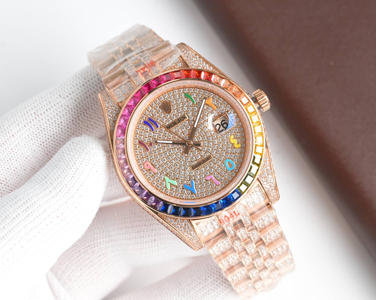 Rolex Custom Luxury Diamond - Set Watch, 40mm Rainbow Gem Bezel, Automatic Movement, Rose Gold Diamond Bracelet