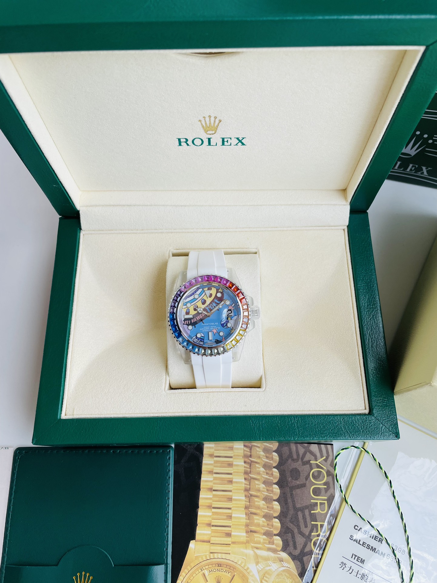 Custom Artistic Diver - Style Watch, 40mm Rainbow Gem - Set Bezel, Automatic Movement, White Rubber Strap