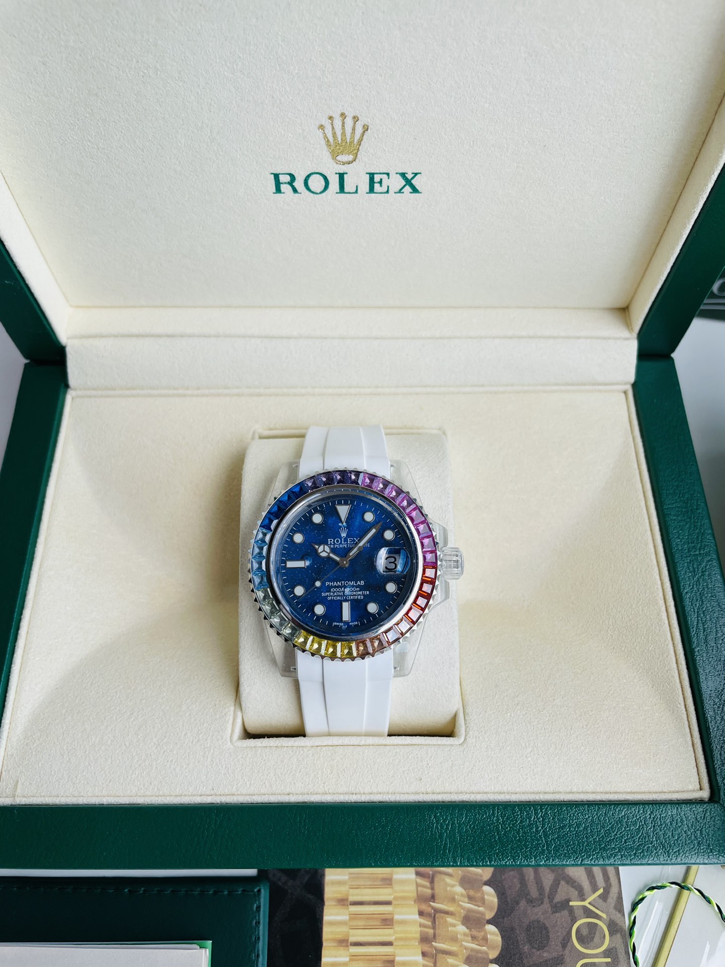 Custom Diver - Style Luxury Watch, 40mm Rainbow Gem - Set Bezel, Automatic Movement, White Rubber Strap