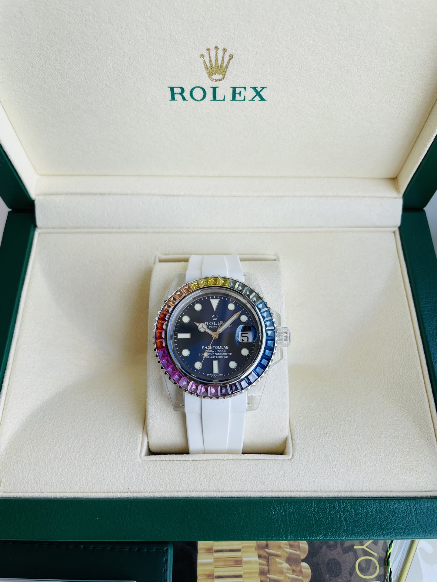 Custom - Crafted Diver - Style Watch, 42mm Rainbow Gem - Set Bezel, Automatic Movement, White Rubber Strap