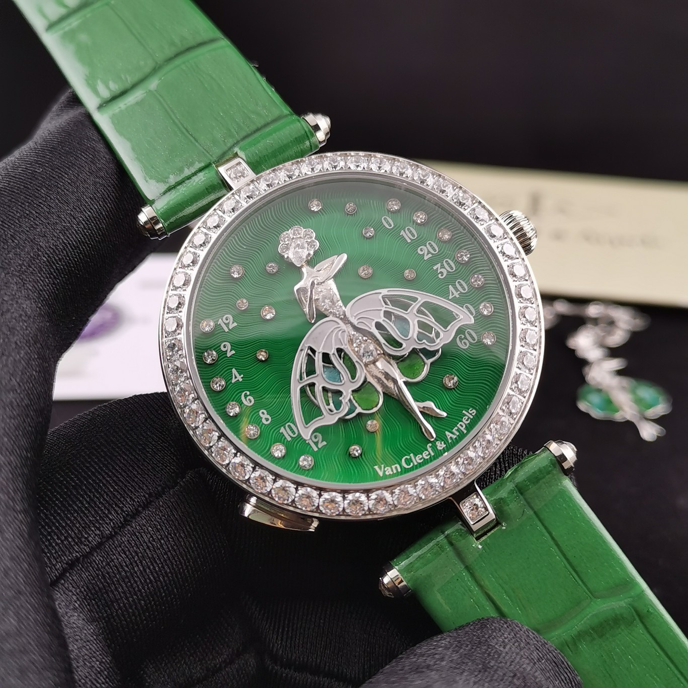 Van Cleef & Arpels Lady Arpels Luxury Watch, 42mm Diamond - Set Case, Automatic Movement, Green Alligator Leather Strap