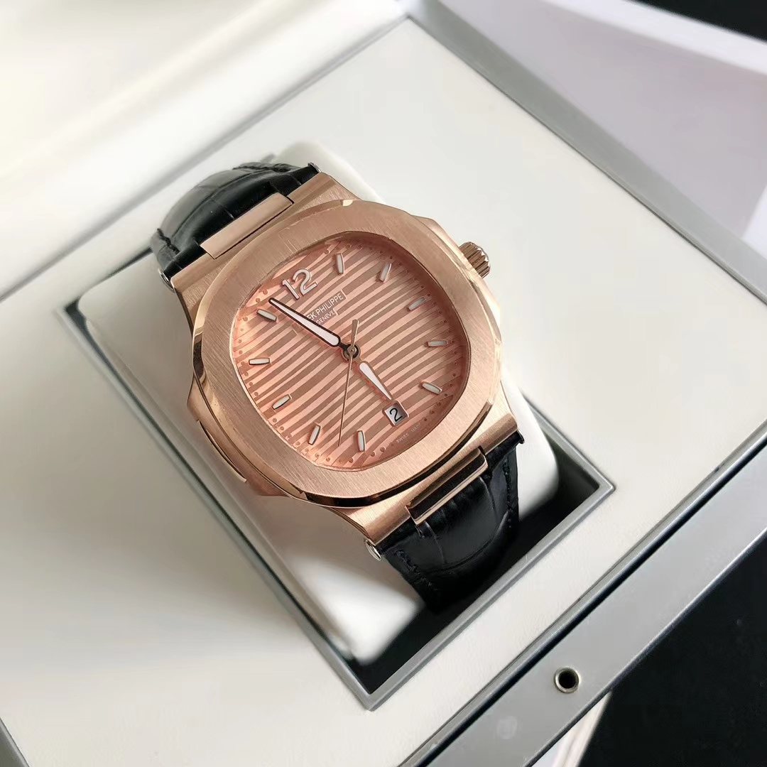 Patek Philippe Nautilus Luxury Watch, 40mm 18K Rose Gold Case, Caliber 324 SC Movement, Black Alligator Leather Strap