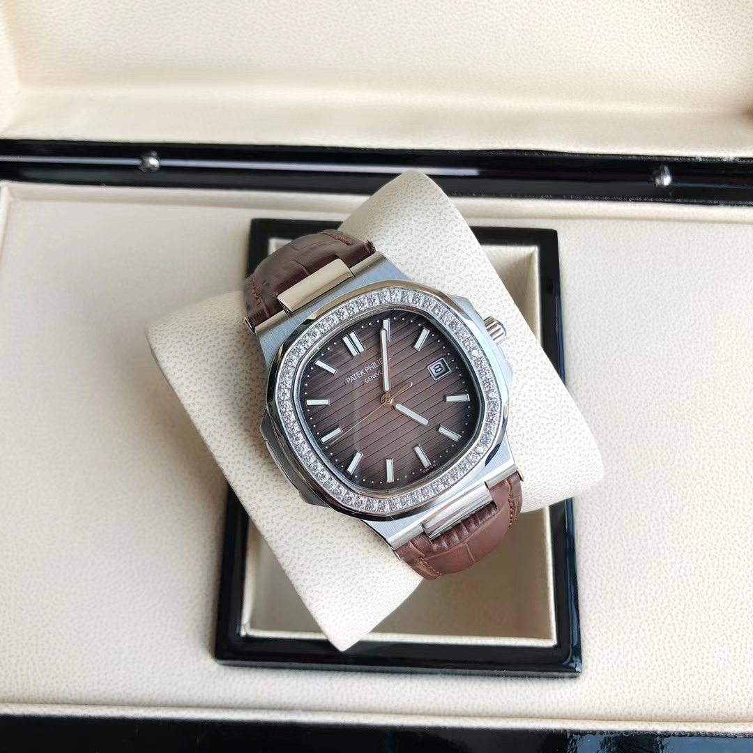 Patek Philippe Nautilus Diamond - Set Luxury Watch, 40mm Stainless Steel Case, Caliber 324 SC Movement, Brown Alligator Leather Strap