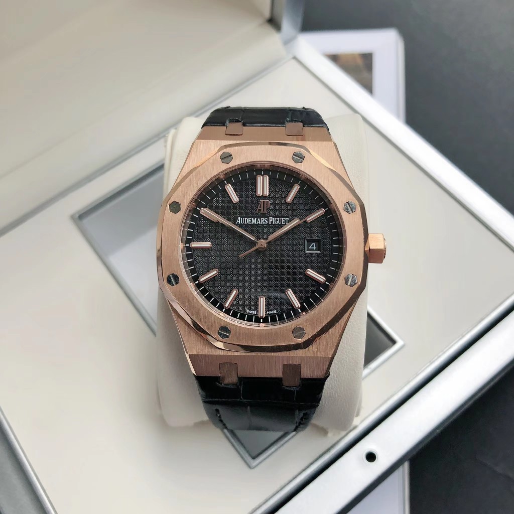 Audemars Piguet Royal Oak Luxury Watch, 41mm 18K Rose Gold Case, Caliber 4302 Movement, Black Alligator Leather Strap