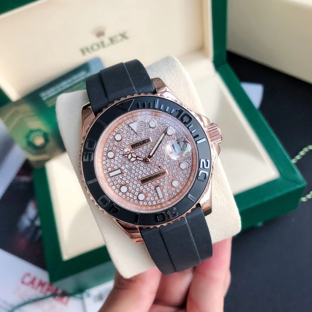 Rolex Yacht-Master Diamond-Set Luxury Watch, 40mm 18K Rose Gold Case, Caliber 3235 Movement, Black Rubber Strap