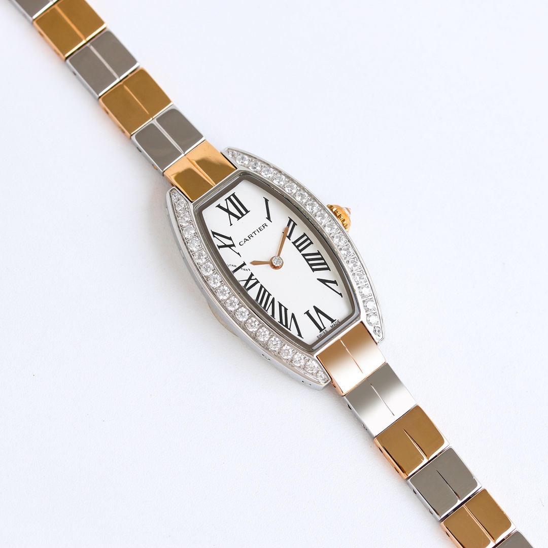 Cartier Luxury Diamond - Set Tonneau - Shaped Watch, 25mm 18K Gold & Stainless Steel Case, Quartz Movement, Two - Tone Bracelet