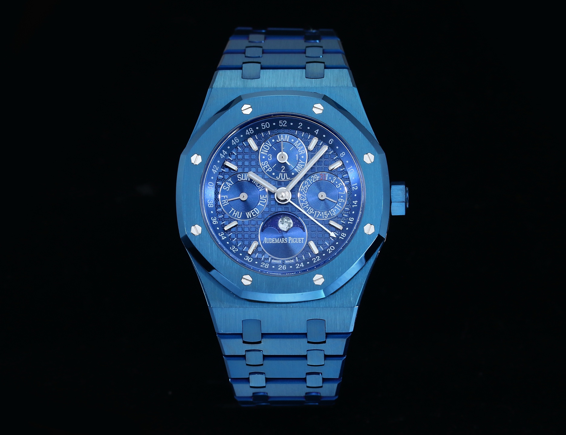 Audemars Piguet Royal Oak Perpetual Calendar Luxury Watch, 41mm Blue - Treated Stainless Steel Case, Automatic Movement, Blue - Treated Stainless Steel Bracelet