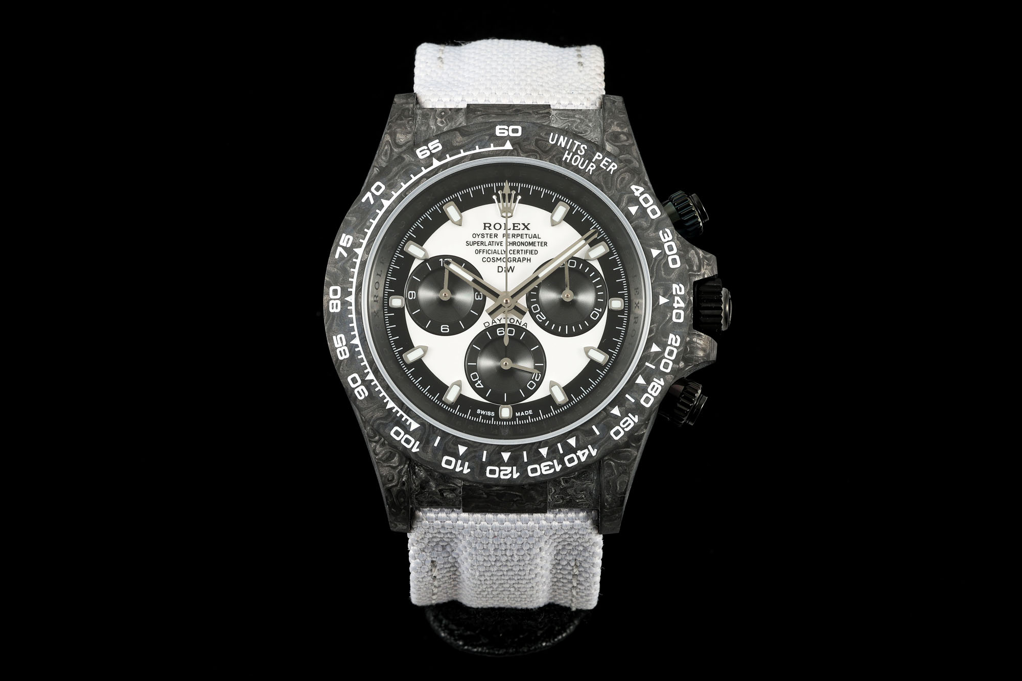 Rolex Designa Individual Limited Edition Tribute to Daytona Watch, 41mm Carbon Fiber Case, Chronograph Movement, White Fabric Strap