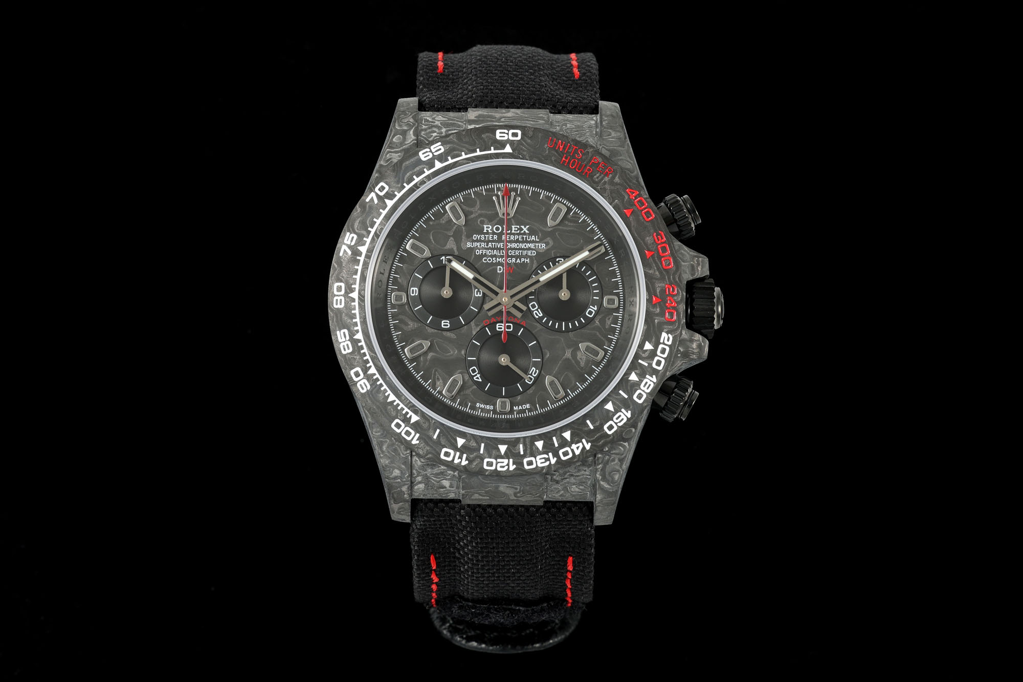 Rolex Designa Individual Limited Edition Tribute to Daytona Watch, 41mm Carbon Fiber Case, Chronograph Movement, Black Fabric Strap