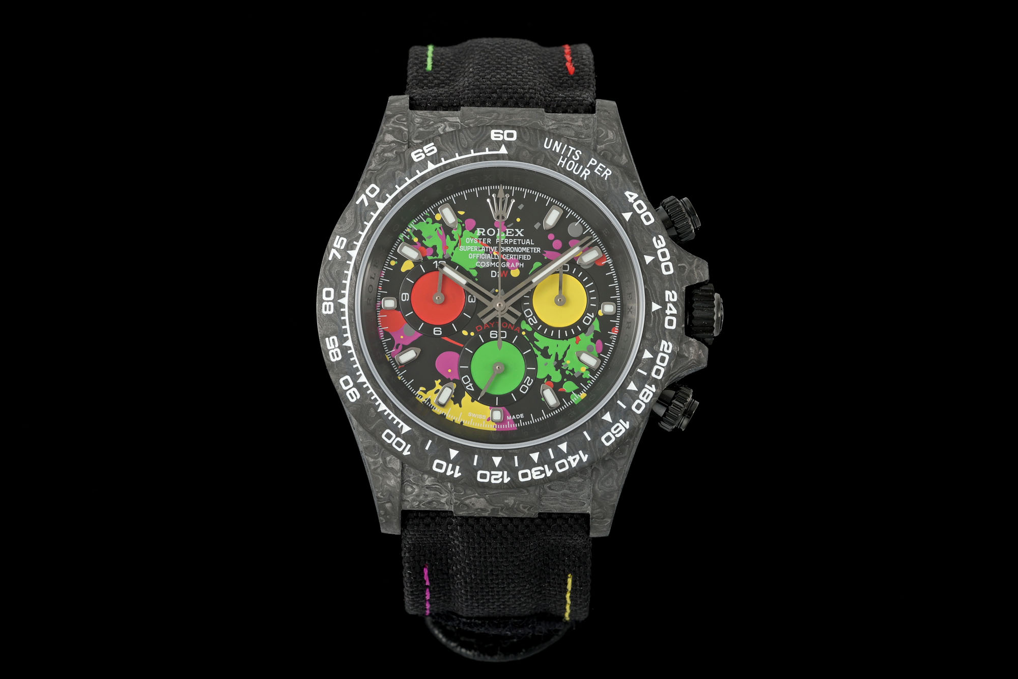 Rolex Designa Individual Limited Edition Tribute to Daytona Watch, 41mm Carbon Fiber Case, Chronograph Movement, Black Fabric Strap