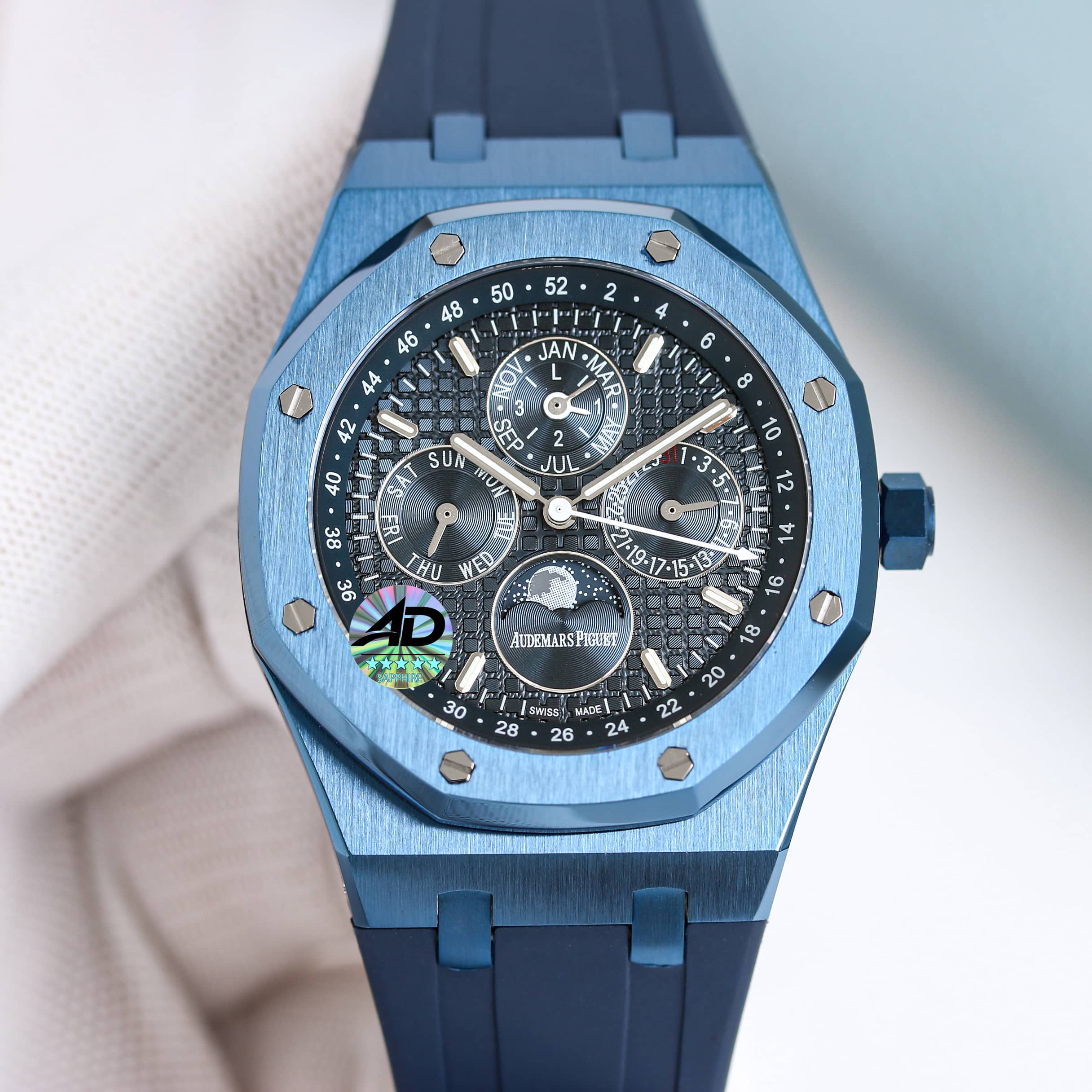 Audemars Piguet Royal Oak Perpetual Calendar Luxury Watch, 41mm Blue Ceramic Case, Perpetual Calendar Automatic Movement, Blue Rubber Strap