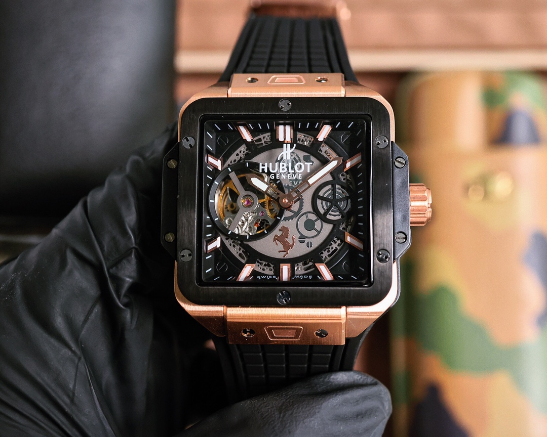 Hublot Big Bang Square Luxury Tourbillon Watch, 42mm Titanium Case, Tourbillon Automatic Movement, Gray Rubber Strap