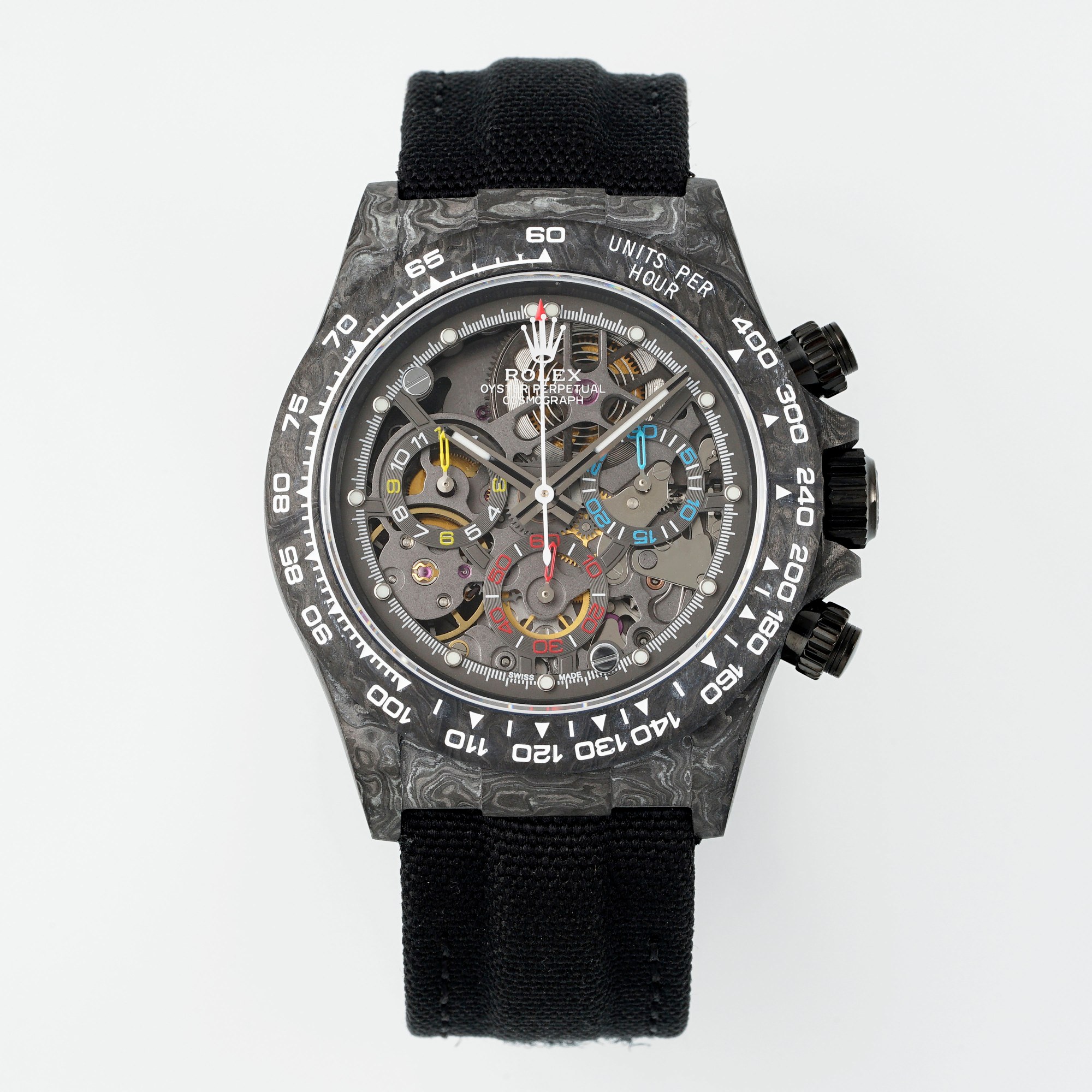 DiW Custom Rolex Daytona - Style Watch, 40mm Carbon Case, Chronograph Movement, Black Nylon Strap