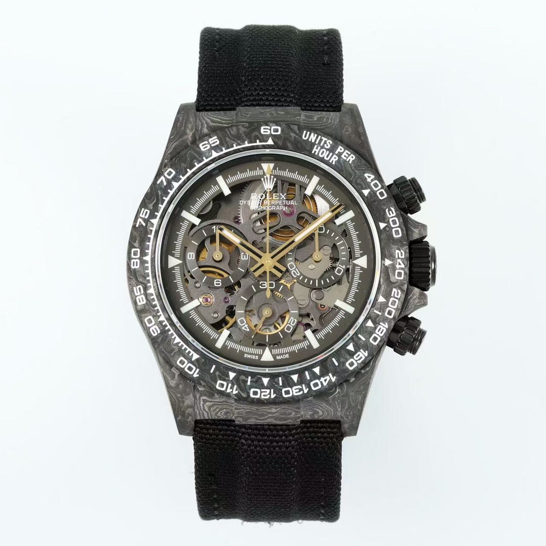 DiW Custom Rolex Daytona - Style Watch, 40mm Carbon Case, Chronograph Movement, Black Nylon Strap
