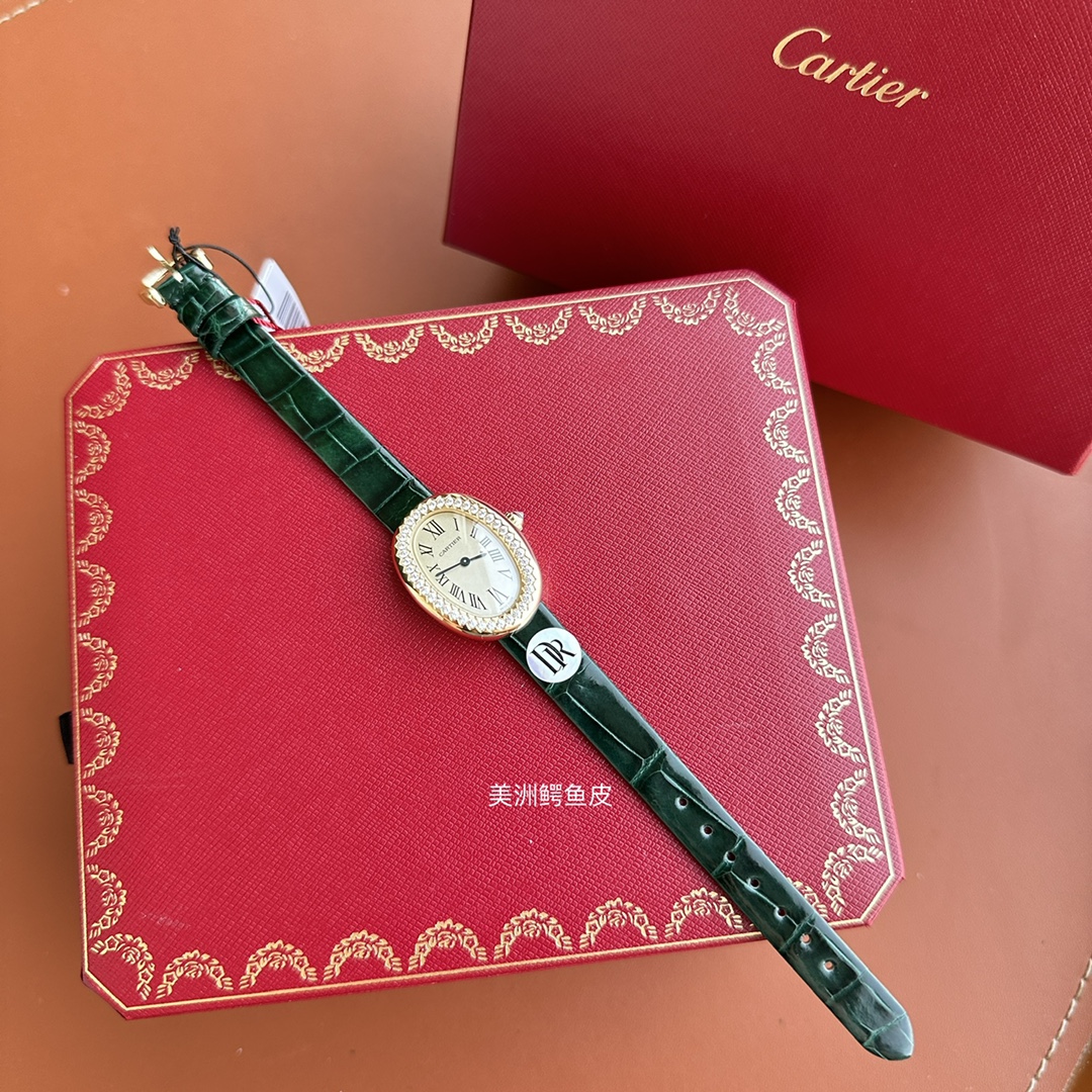 Cartier Baignoire Women's Watch, Oval 18K Yellow Gold Case with Diamond Bezel (23x30mm), Quartz Movement, Green Alligator Leather Strap