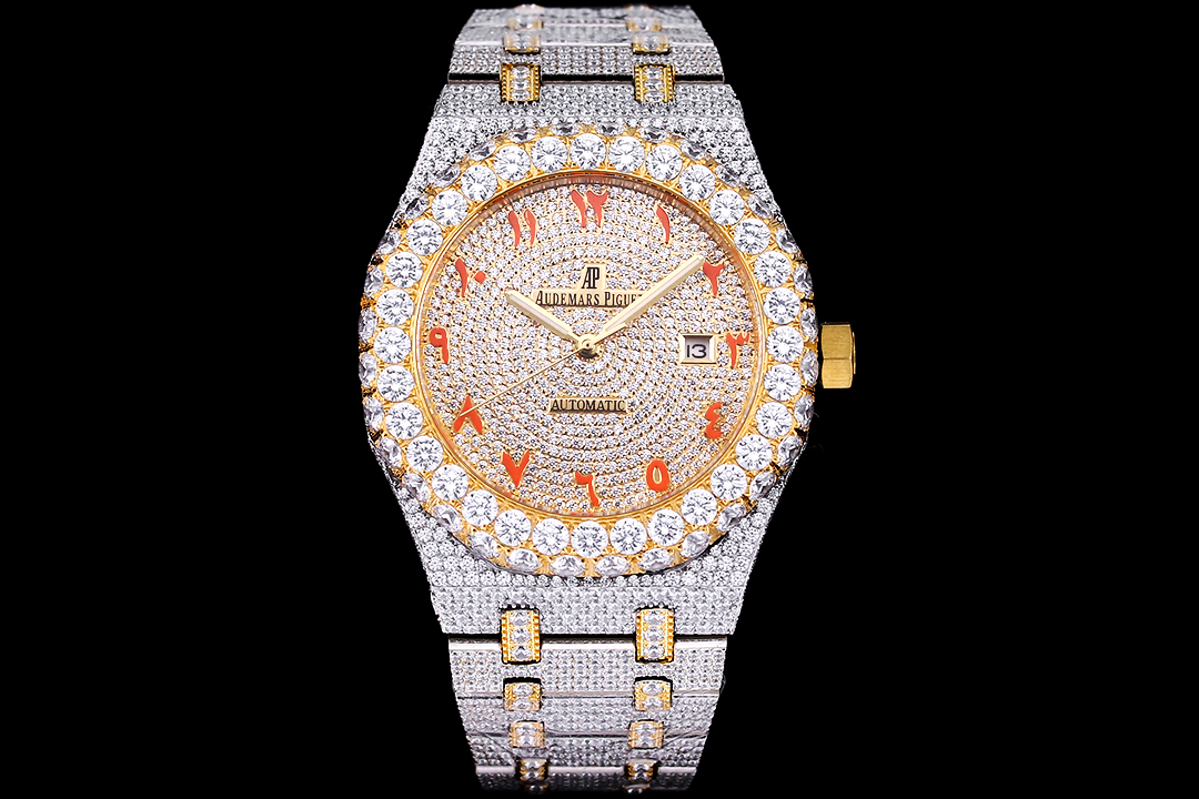 Audemars Piguet Royal Oak 41mm Watch, Two-Tone (Stainless Steel & Gold) Case with Full Diamond Setting, Diamond-Paved Dial with Red Numerals, Two-Tone Diamond-Set Bracelet - Automatic Movement