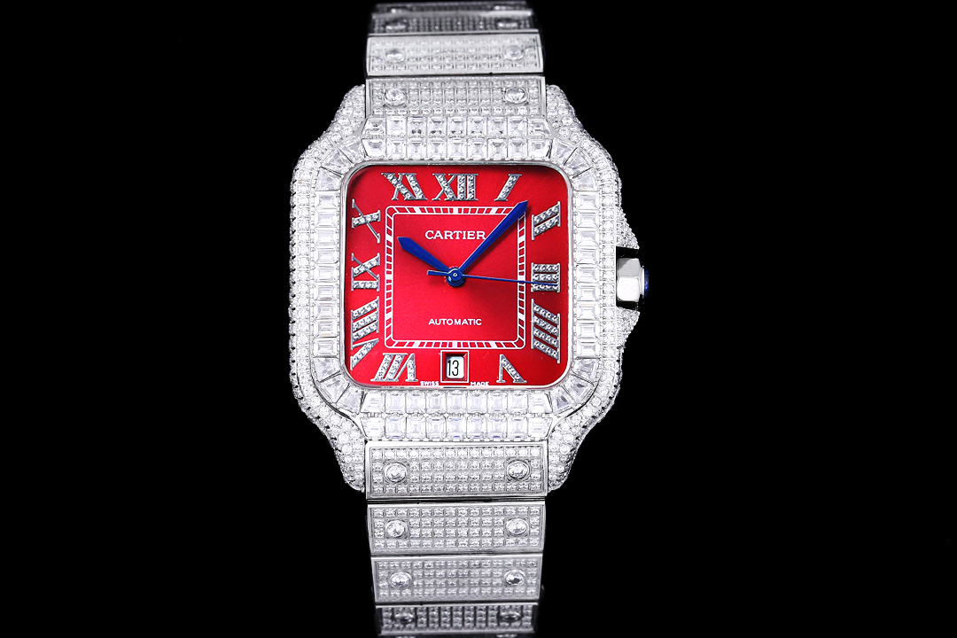 Cartier Santos De Cartier Watch, ~39mm Stainless Steel Case with Full Baguette & Round Diamond Setting, Red Roman Numeral Dial, Diamond-Set Stainless Steel Bracelet - Automatic Movement