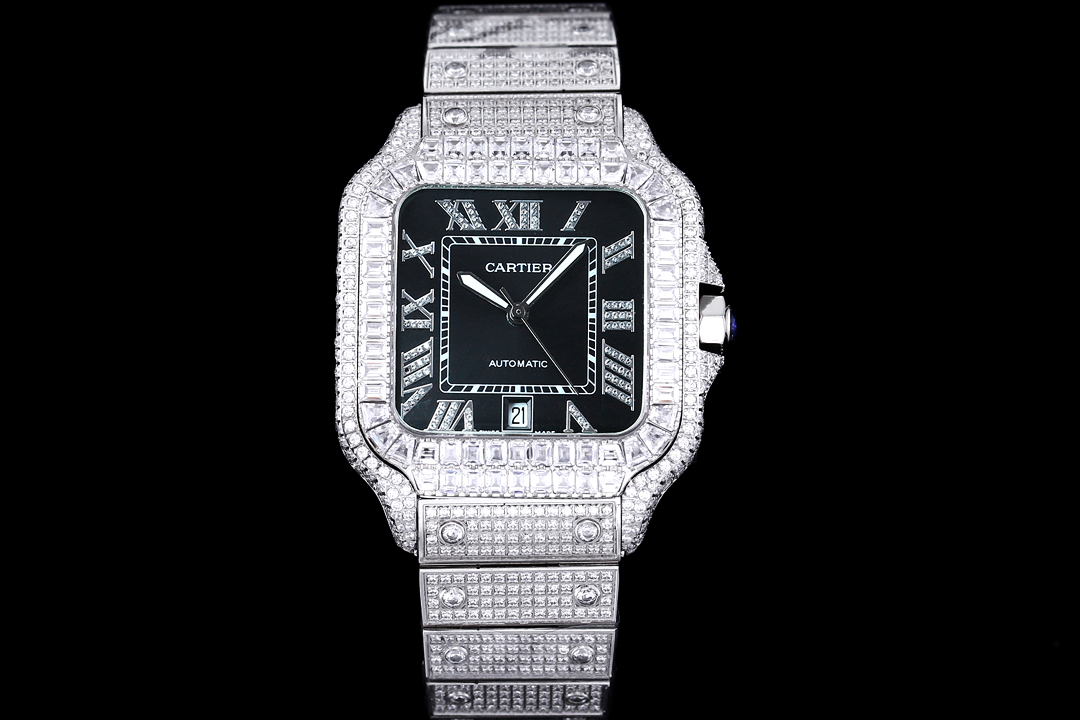 Cartier Santos De Cartier Watch, ~39mm Stainless Steel Case with Full Baguette & Round Diamond Setting, Black Roman Numeral Dial, Diamond-Set Stainless Steel Bracelet - Automatic Movement