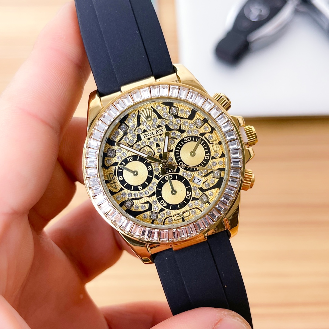 Rolex-Inspired Chronograph Watch, 40mm Gold-Tone Case with Baguette Diamond Bezel, Crystal-Decorated Dial, Blue Rubber Strap - Automatic Movement