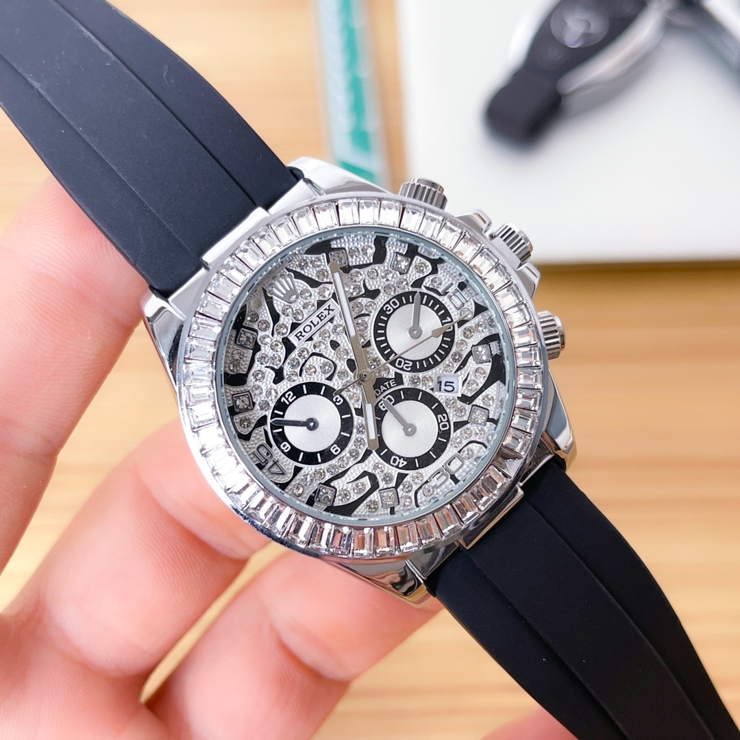 Rolex-Inspired Chronograph Watch, 40mm Silver-Tone Case with Baguette Diamond Bezel, Crystal-Decorated Dial, Green Rubber Strap - Automatic Movement