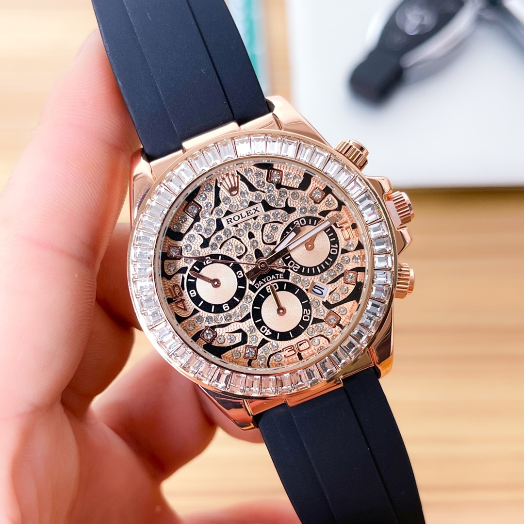 Rolex-Inspired Chronograph Watch, 40mm Rose Gold Case with Baguette Diamond Bezel, Decorated Dial, Rubber Strap - Automatic Movement