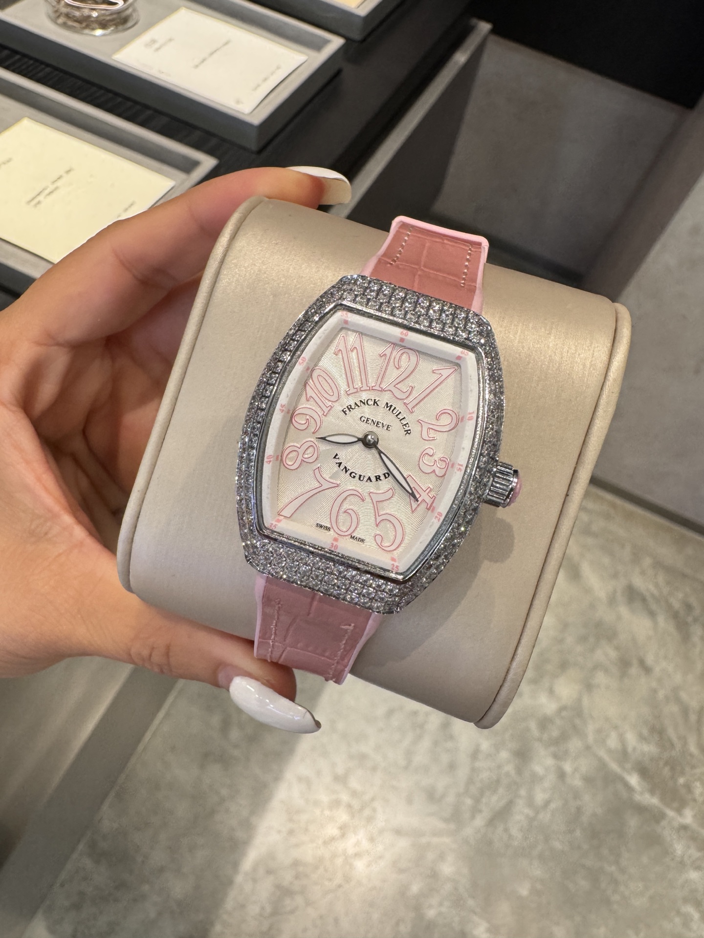 Franck Muller Vanguard Curvex Watch, ~32mm Diamond-Set Case, Silver Dial with Pink Numerals, Pink Alligator Leather Strap - Quartz Movement