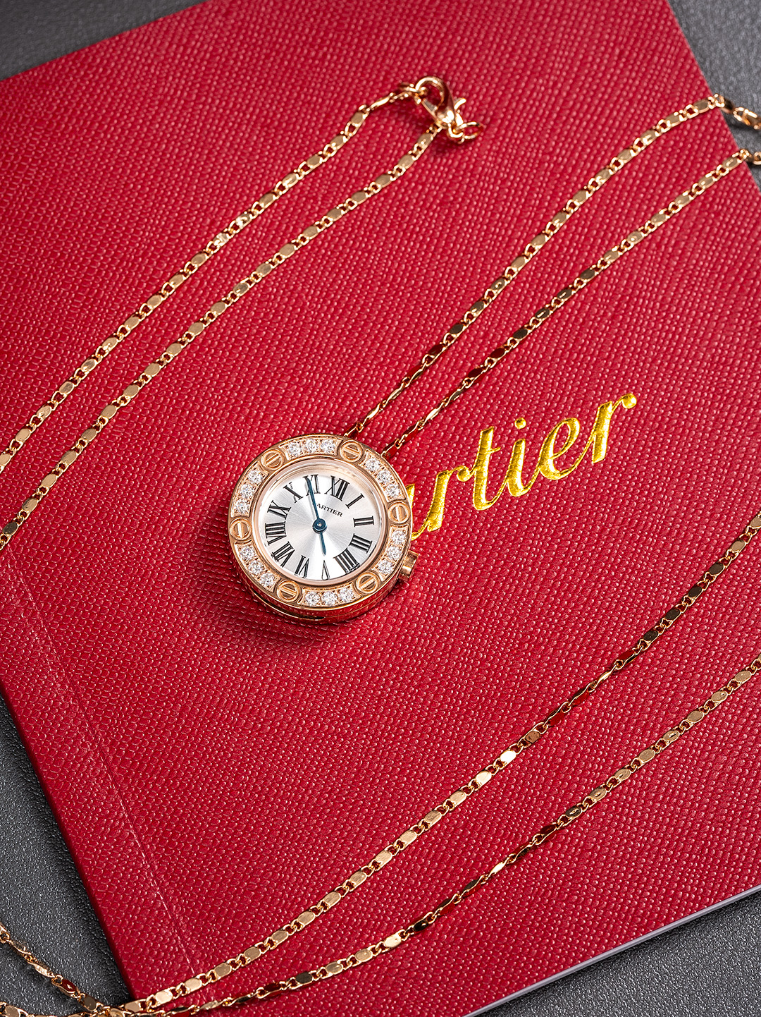 Cartier Mini Pendant Watch, ~20mm Rose Gold Case with Diamond Bezel, White Roman Numeral Dial, Rose Gold Chain - Quartz Movement