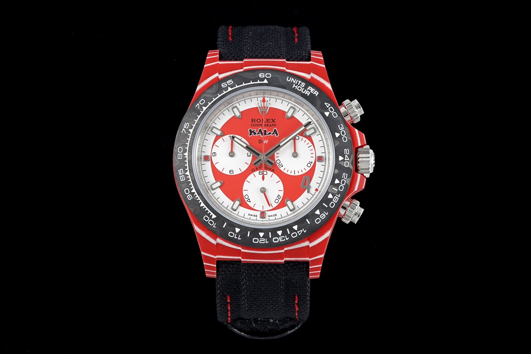 Rolex Cosmograph Daytona-Inspired Custom "KALA" Watch, 40mm Red Case with Carbon Bezel, White/Red Dial, Black Fabric Strap - Automatic Movement