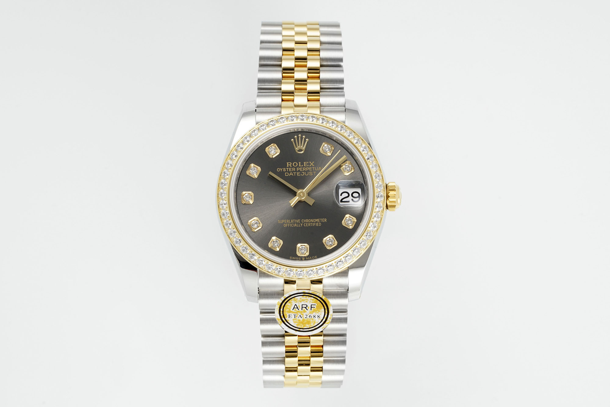 Rolex Datejust 31mm Watch with Dark Grey Diamond Dial, Diamond-Set Bezel, Two-Tone (Stainless Steel & Yellow Gold) Jubilee Bracelet - ETA 2688 Movement
