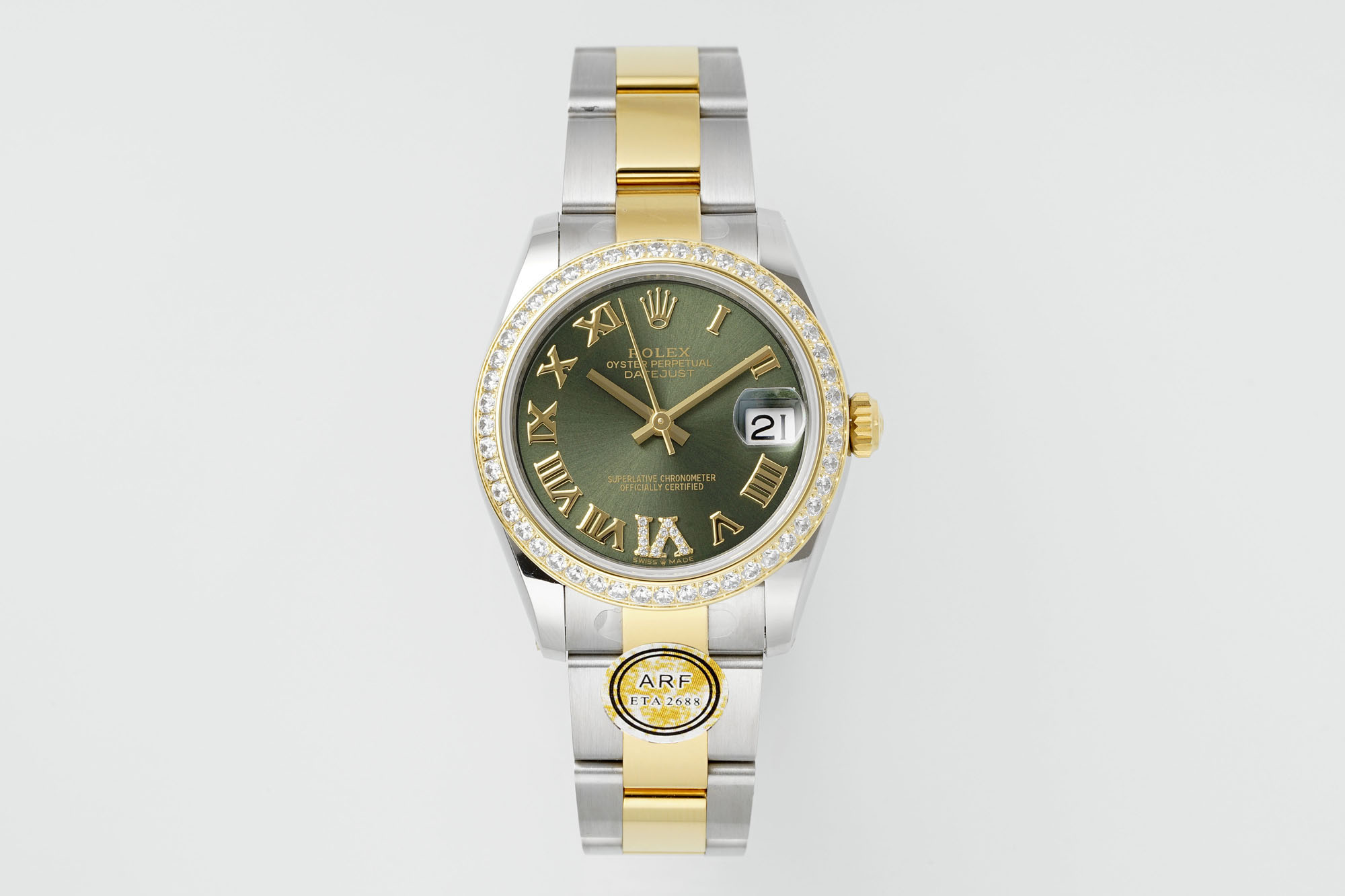 Rolex Datejust 31mm Watch with Green Roman Dial, Diamond-Set Bezel, Two-Tone (Stainless Steel & Yellow Gold) Oyster Bracelet - ETA 2688 Movement