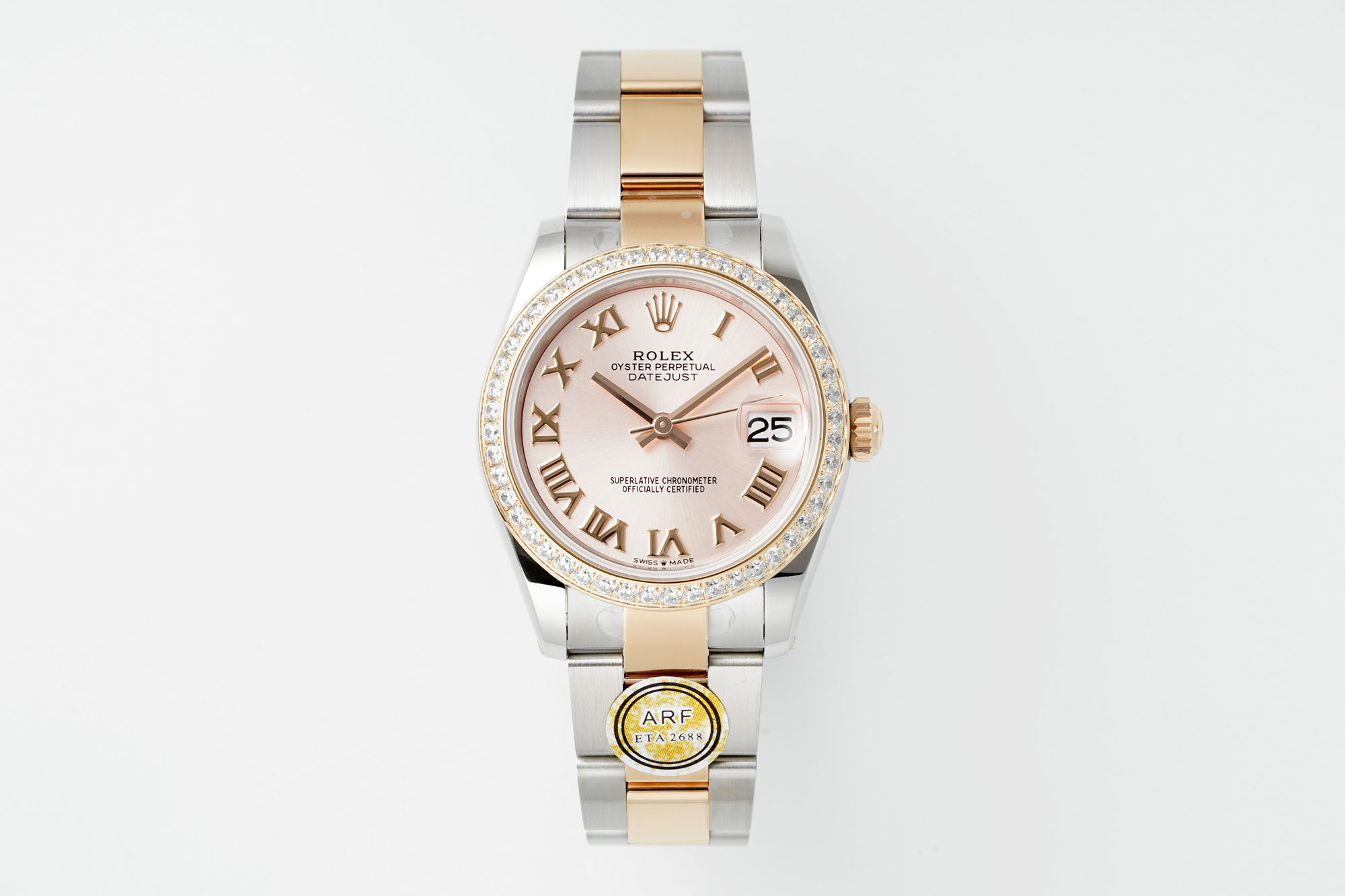 Rolex Datejust 31mm Watch with Pink Roman Dial, Diamond-Set Bezel, Two-Tone (Stainless Steel & Rose Gold) Oyster Bracelet - ETA 2688 Movement