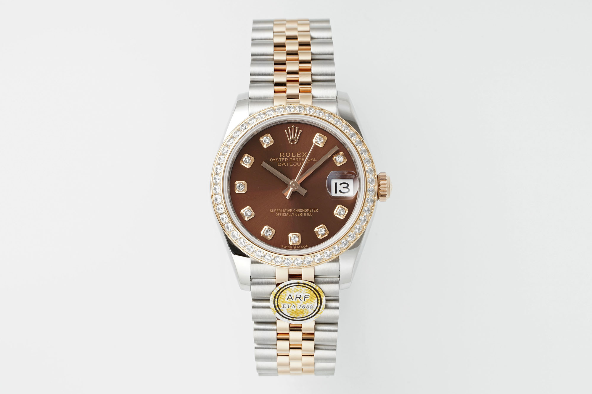 Rolex Datejust 31mm Watch with Chocolate Diamond Dial, Diamond-Set Bezel, Two-Tone (Stainless Steel & Rose Gold) Jubilee Bracelet - ETA 2688 Movement