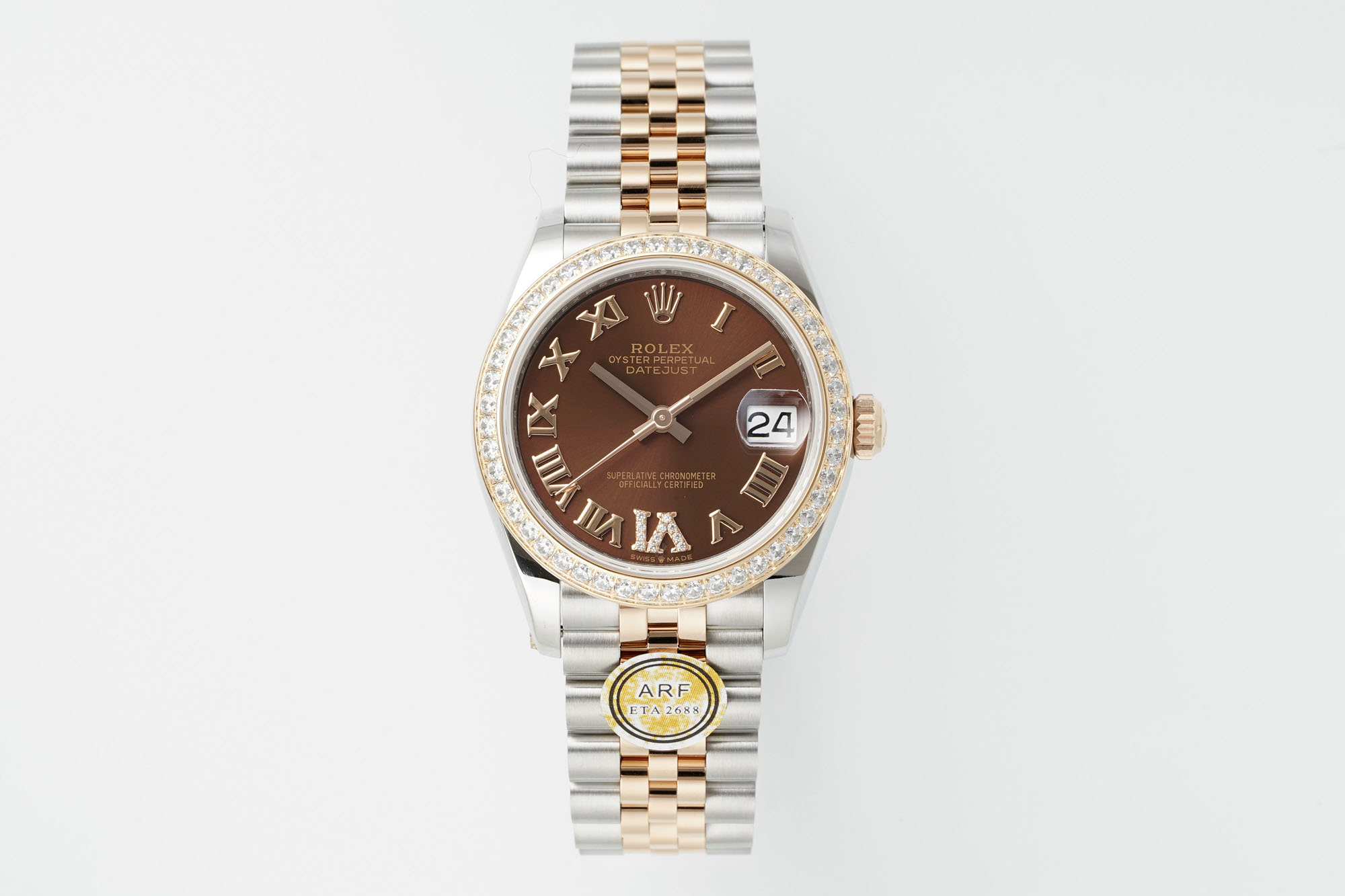 Rolex Datejust 31mm Watch with Chocolate Roman Dial, Diamond-Set Bezel, Two-Tone (Stainless Steel & Rose Gold) Jubilee Bracelet - ETA 2688 Movement
