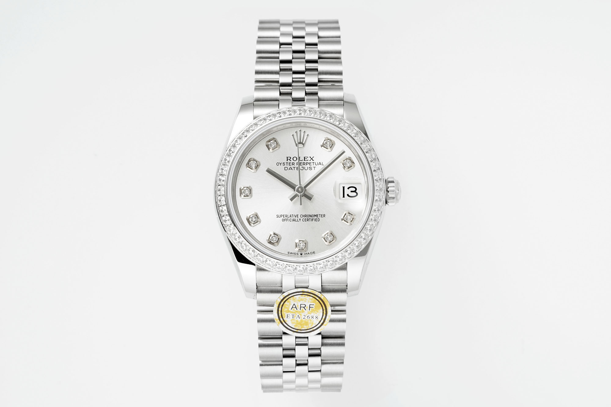 Rolex Datejust 31mm Watch with White Diamond Dial, Diamond Bezel, and Stainless Steel Jubilee Bracelet - ETA 2688 Movement