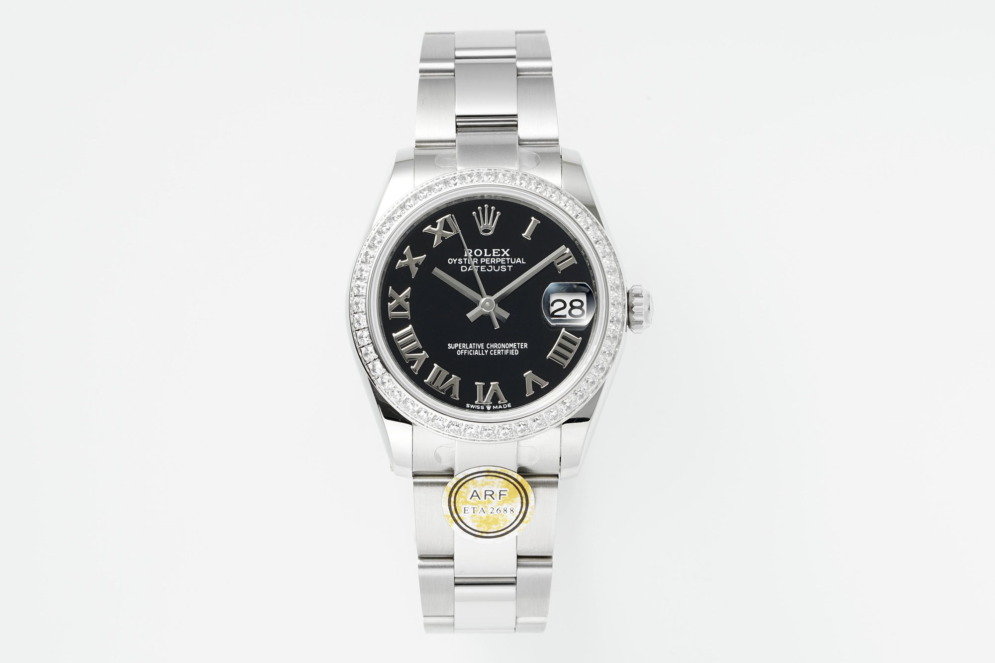 Rolex Datejust Black Roman Dial Diamond - Set Bezel Stainless Steel Watch, 31mm, ETA 2688 Movement